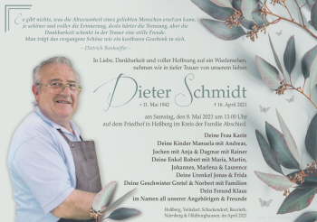 Traueranzeige von Dieter Schmidt von Südthüringer Presse