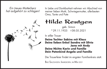 Traueranzeige von Hilde Reutgen von Südthüringer Presse