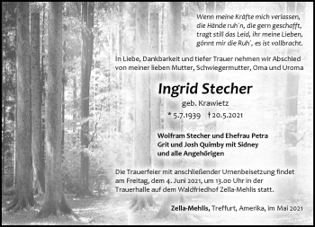 Traueranzeige von Ingrid Stecher von Südthüringer Presse