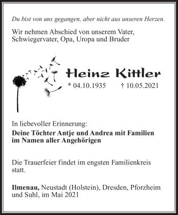 Traueranzeige von Heinz Kittler von Südthüringer Presse