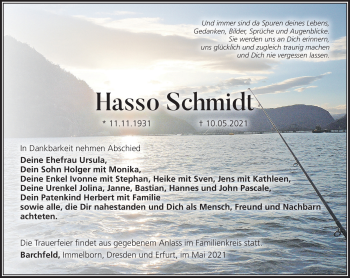 Traueranzeige von Hasso Schmidt von Südthüringer Presse