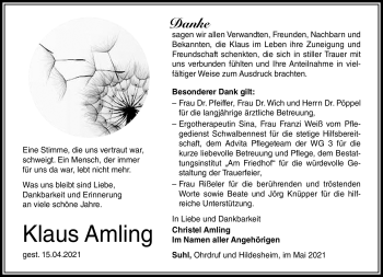 Traueranzeige von Klaus Amling von Südthüringer Presse
