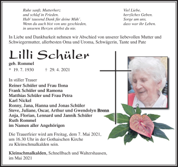 Traueranzeige von Lilli Schüler von Südthüringer Presse