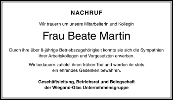 Traueranzeige von Beate Martin von Neue Presse Coburg