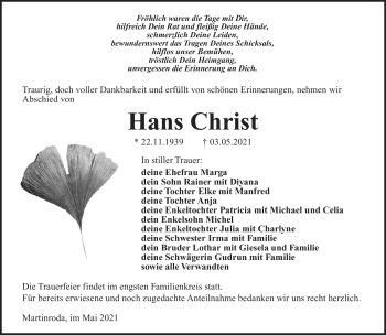 Traueranzeige von Hans Christ von Südthüringer Presse