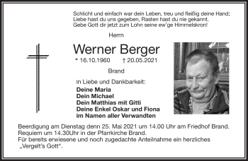 Traueranzeige von Werner Berger von Frankenpost