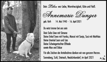 Traueranzeige von Annemarie Dunger von Südthüringer Presse