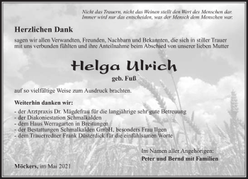 Traueranzeige von Helga Ulrich von Südthüringer Presse