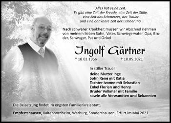 Traueranzeige von Ingolf Gärtner von Südthüringer Presse