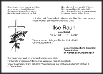 Traueranzeige von Ilse Rauh von Frankenpost
