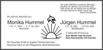 Traueranzeige von MonikaJürgen HummelHummel von Frankenpost