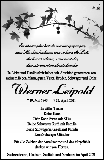 Traueranzeige von Werner Leipold von Südthüringer Presse