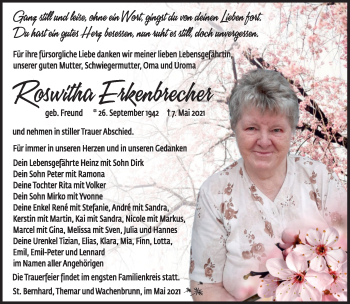 Traueranzeige von Roswitha Erkenbrecher von Südthüringer Presse