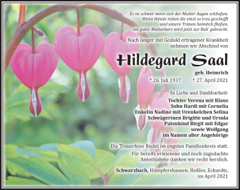 Traueranzeige von Hildegard Saal von Südthüringer Presse