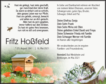 Traueranzeige von Fritz Hoßfeld von Südthüringer Presse