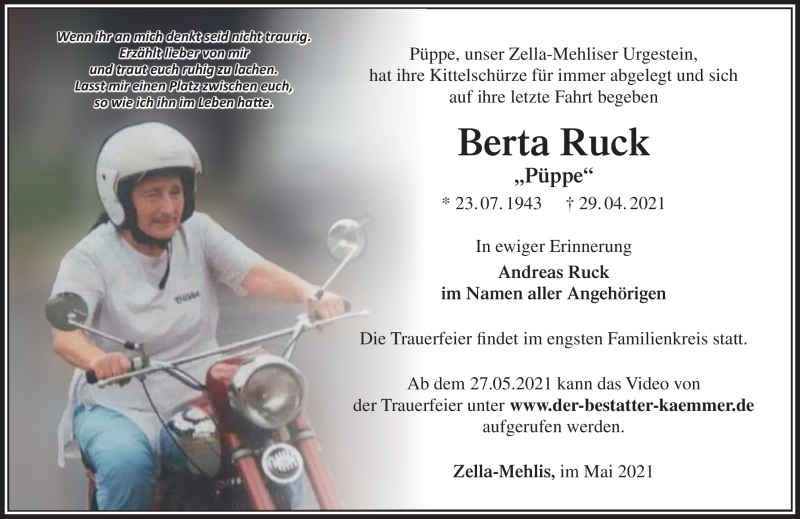  Traueranzeige für Berta Ruck vom 05.05.2021 aus Südthüringer Presse