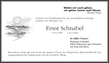 Traueranzeige von Ernst Schnabel von Frankenpost