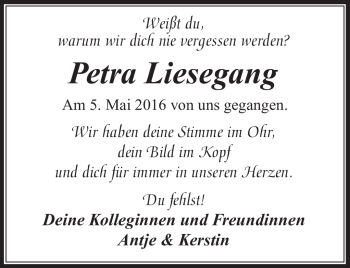 Traueranzeige von Petra Liesegang von Südthüringer Presse