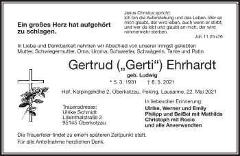 Traueranzeige von Gertrud Ehrhardt von Frankenpost
