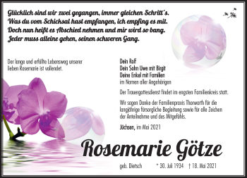 Traueranzeige von Rosemarie Götze von Südthüringer Presse