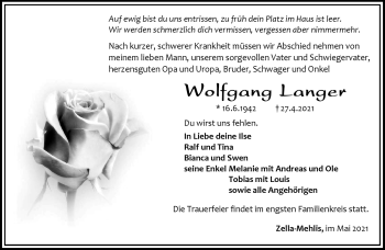 Traueranzeige von Wolfgang Langer von Südthüringer Presse