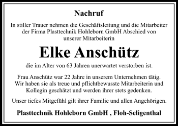 Traueranzeige von Elke Anschütz von Südthüringer Presse