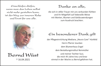 Traueranzeige von Bernd Wüst von Südthüringer Presse