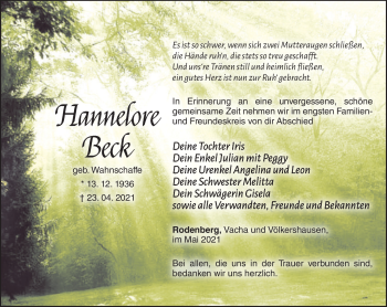 Traueranzeige von Hannelore Beck von Südthüringer Presse