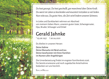 Traueranzeige von Gerald Jahnke von Südthüringer Presse