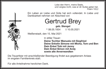 Traueranzeige von Gertrud Brey von Frankenpost