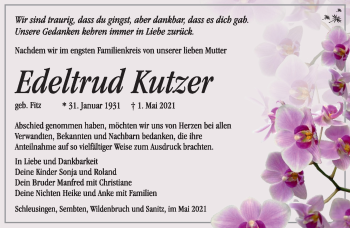 Traueranzeige von Edeltrud Kutzer von Südthüringer Presse