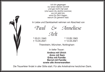 Traueranzeige von PaulAnneliese ArltArlt von Frankenpost