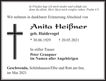 Traueranzeige von Anita Heißner von Südthüringer Presse