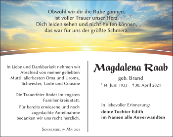 Traueranzeige von Magdalena Raab von Südthüringer Presse