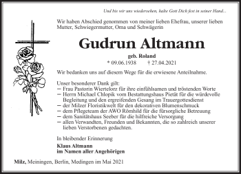 Traueranzeige von Gudrun Altmann von Südthüringer Presse
