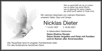Traueranzeige von Nicklas Dieter von Frankenpost