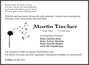 Traueranzeige von Martin Tischer von Südthüringer Presse