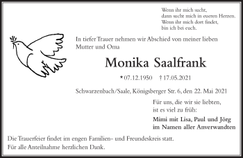 Traueranzeige von Monika Saalfrank von Frankenpost