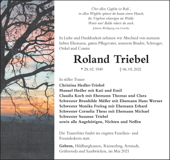 Traueranzeige von Roland Triebel von Südthüringer Presse