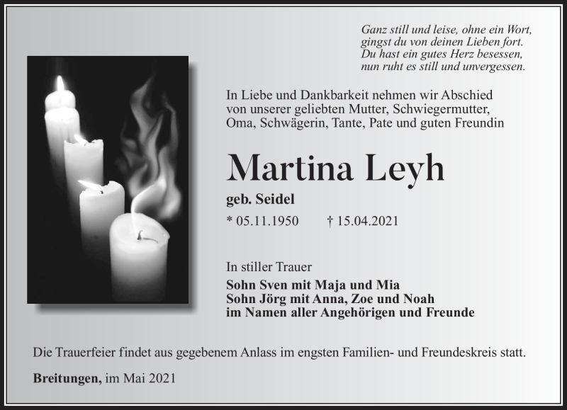  Traueranzeige für Martina Leyh vom 08.05.2021 aus Südthüringer Presse