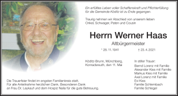 Traueranzeige von Werner Haas von Frankenpost