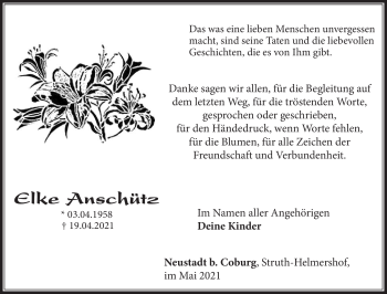 Traueranzeige von Elke Anschütz von Südthüringer Presse