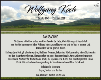 Traueranzeige von Wolfgang Koch von Südthüringer Presse