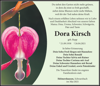 Traueranzeige von Dora Kirsch von Südthüringer Presse