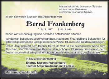 Traueranzeige von Bernd Frankenberga von Südthüringer Presse