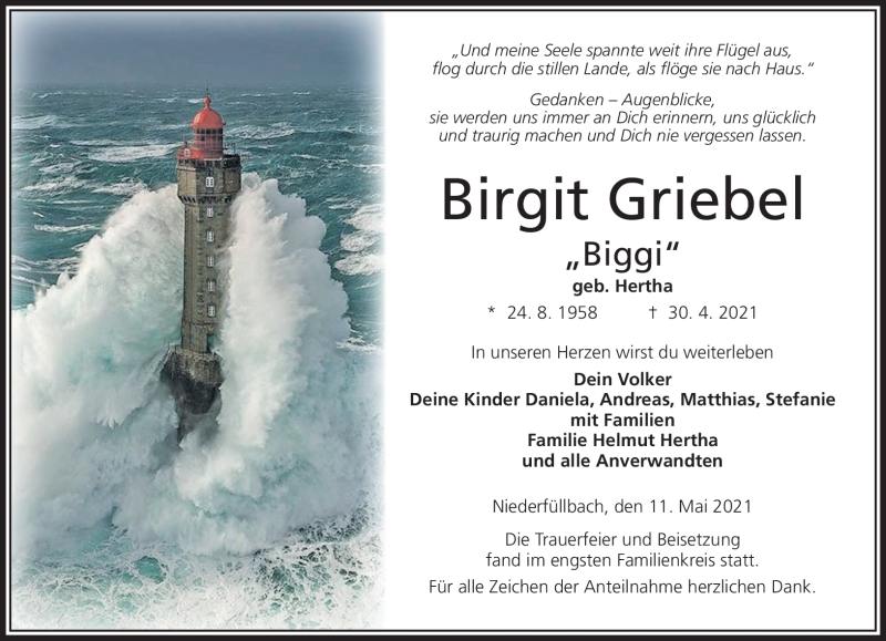  Traueranzeige für Birgit Griebel vom 11.05.2021 aus Neue Presse Coburg