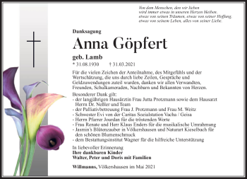 Traueranzeige von Anna Göpfert von Südthüringer Presse