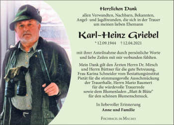 Traueranzeige von Karl-Heinz Griebel von Südthüringer Presse