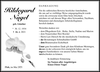 Traueranzeige von Hildegard Nagel von Südthüringer Presse