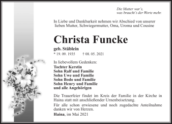 Traueranzeige von Christ Funcke von Südthüringer Presse